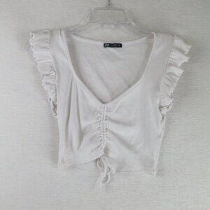 Zara Flutter Sleeve Crop Top Size M V neck
